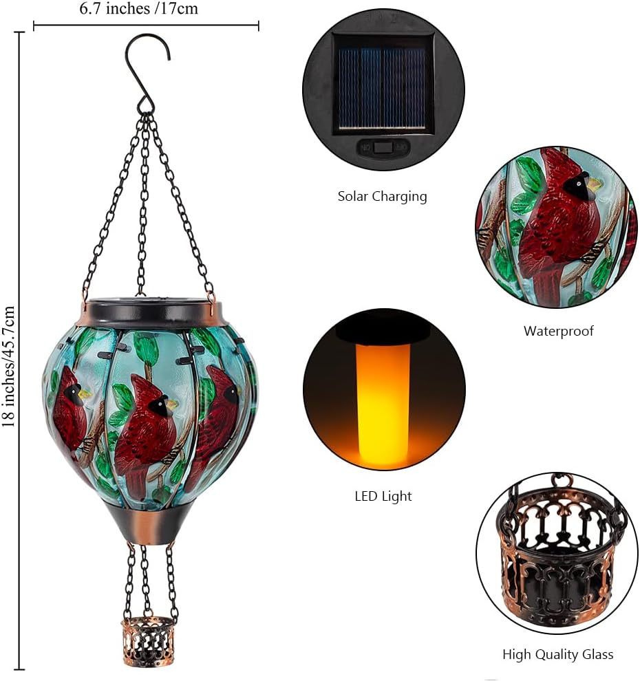 2 PCS Cardinal Hot Air Balloon Solar Lantern with Flickering Flame Light,Glass Hanging Solar Lights Outdoor Waterproof for Patio Yard Party Gift Decor
