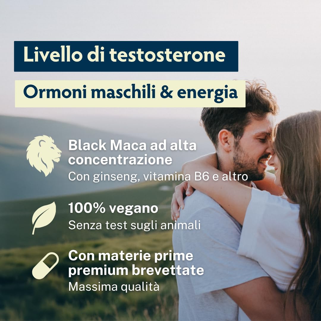 MascuPRO® Vigore Uomo Maca Nera - Estratto di Maca 20:1 con Tribulus terrestris, Cordyceps, Fieno greco, Zinco, Ginseng | Energia ed prestazioni | 180 capsule