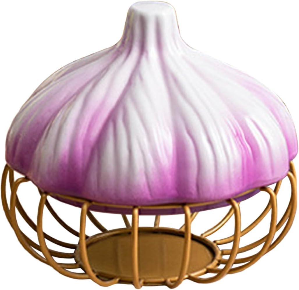 Abaodam Decorative Garlic and Egg Storage Basket with Ceramic Lid, Iron Kitchen Organizer in Small Purple and Gold, Multi-function Countertop Holder for Home and Kitchen
