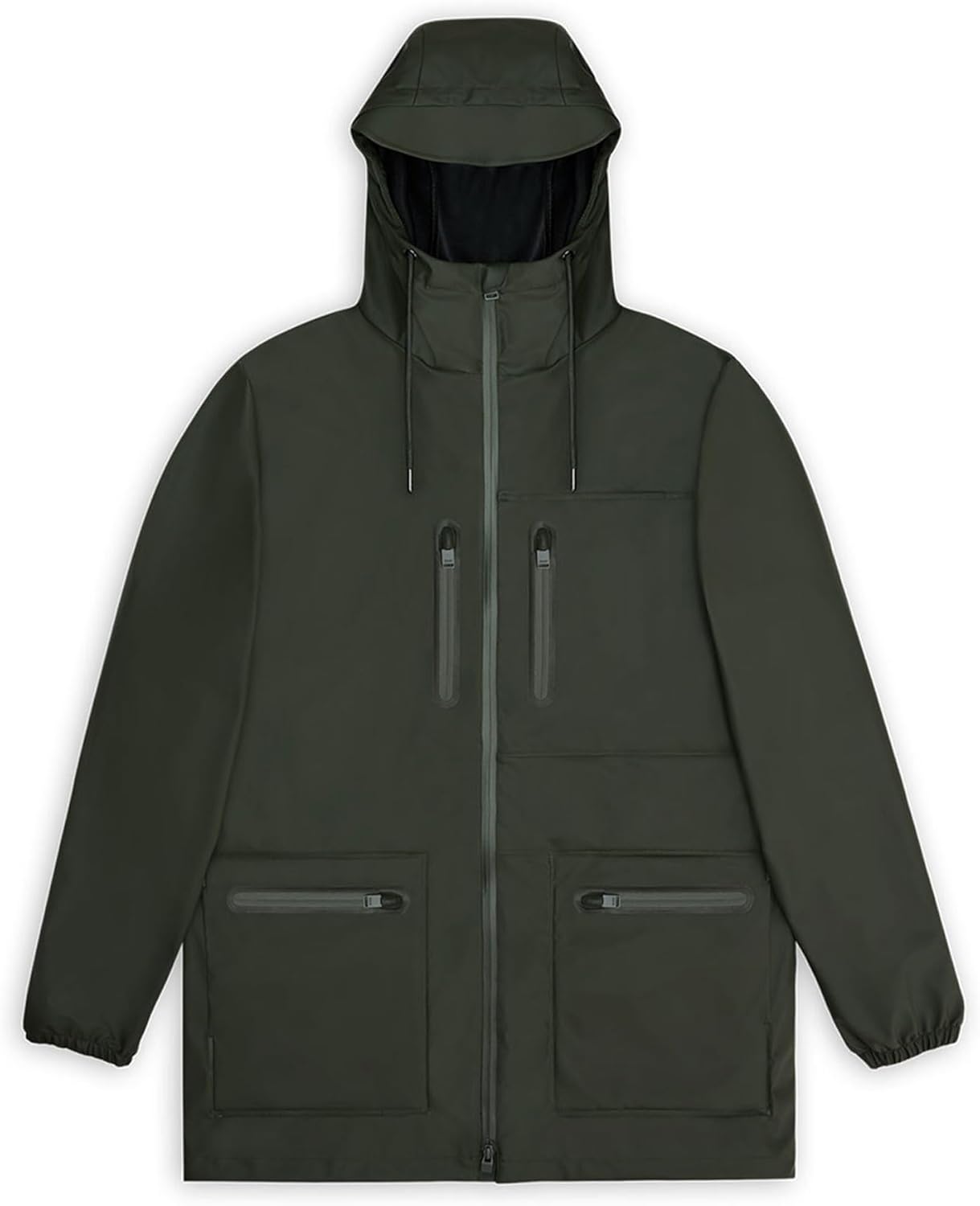 RAINS Cargo Long Jacket – Unisex Waterproof Raincoat with Adjustable Hood, Durable PU Fabric, Breathable & Lightweight Design