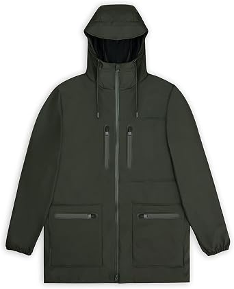 RAINS Cargo Long Jacket Unisex Waterproof Raincoat with Adjustable Hood, Durable PU Fabric, Breathable & Lightweight Design