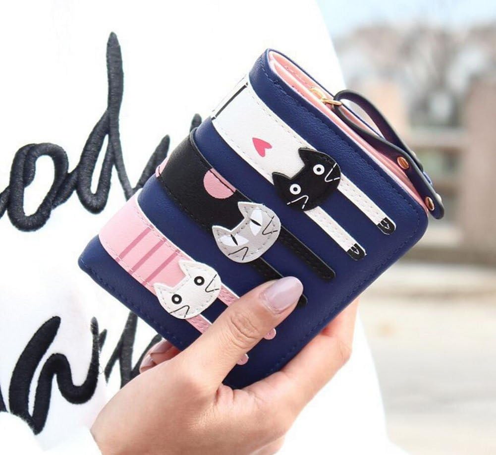 Diyafas Short Zipper Fashion Purse Women's Two Fold Leather Wallet Cartoon Cat Coin Case, Dark Blue - Image 3