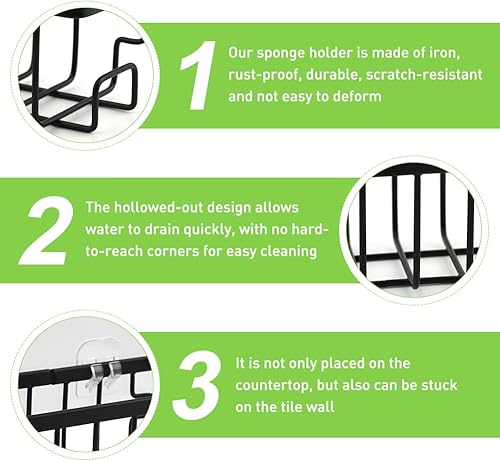 Miniatura 4 de Juego de 5 organizadores de fregadero de cocina montado en la pared, organizador de fregadero impermeable negro, sin taladrar, soporte de esponja de