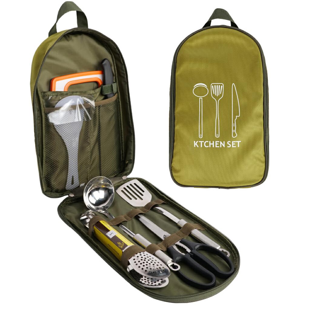 Set da 8 Pezzi Borsa portaoggetti per pentole e Utensili da tavola con Tracolla Picnic all'aperto per Borse da Viaggio da Escursionismo da Cucina, Verde/8 Pezzi/Set