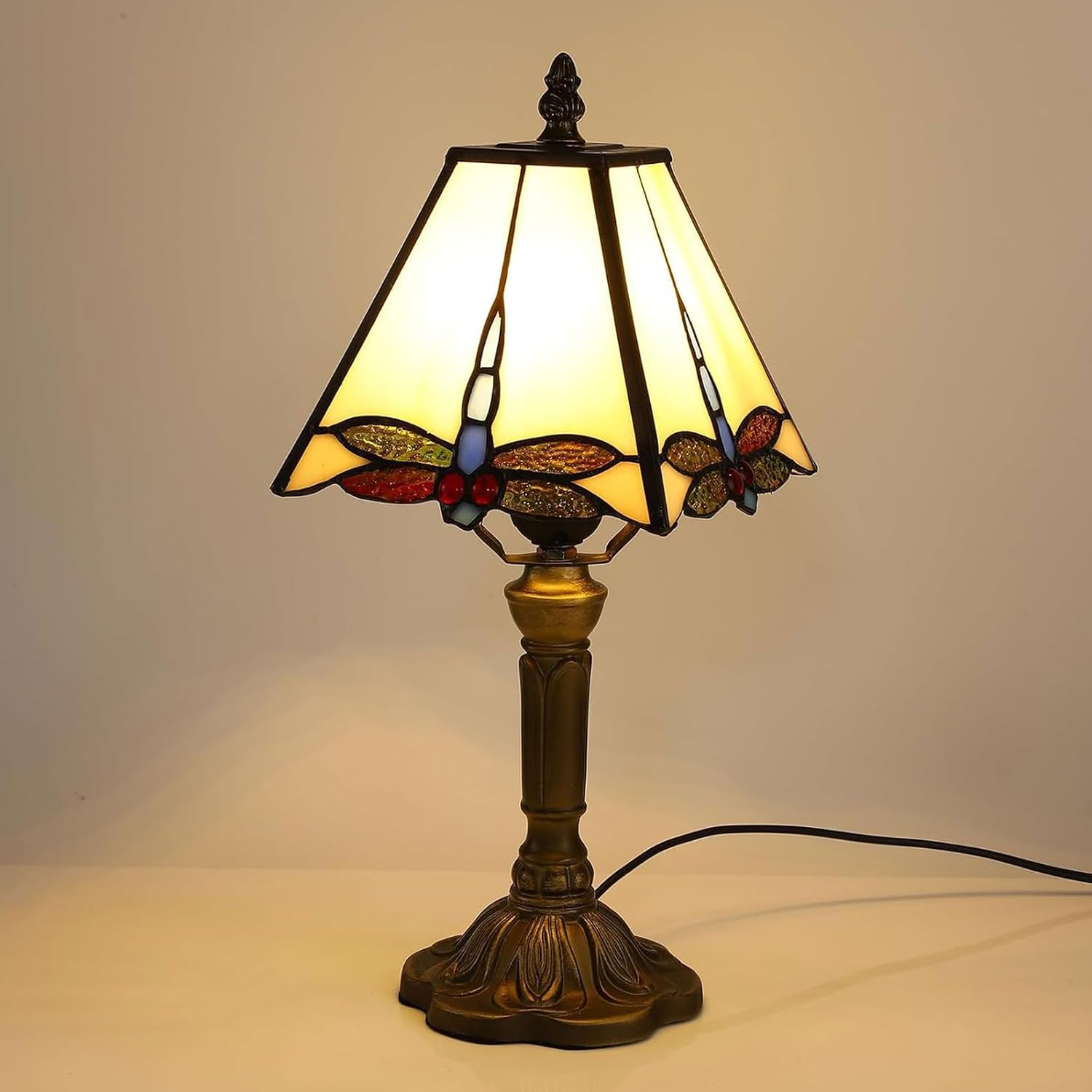 8 Inch Tiffany Lamp Shade Accessories Replacement Only Stained Glass Square Dragonfly Lampshades Vintage Light Cover for Table Lamp Pendant Light Desk Light,Beige