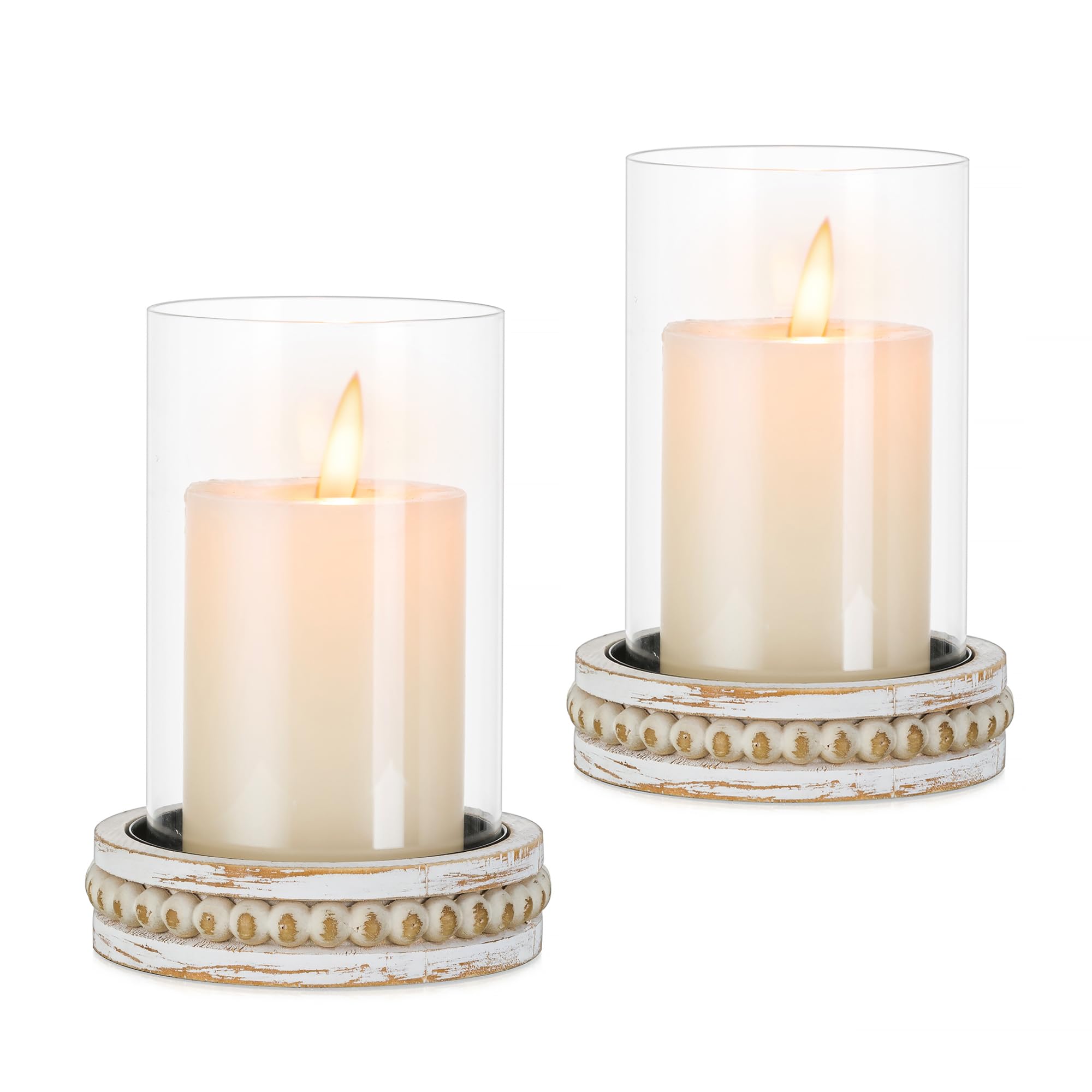 Glasseam Hurricane Portacandele in vetro, set di 2 portacandele rustici a pilastro, portacandele per tavolo, portacandele cilindrico con piatti di perline per decorazioni per sala da pranzo e