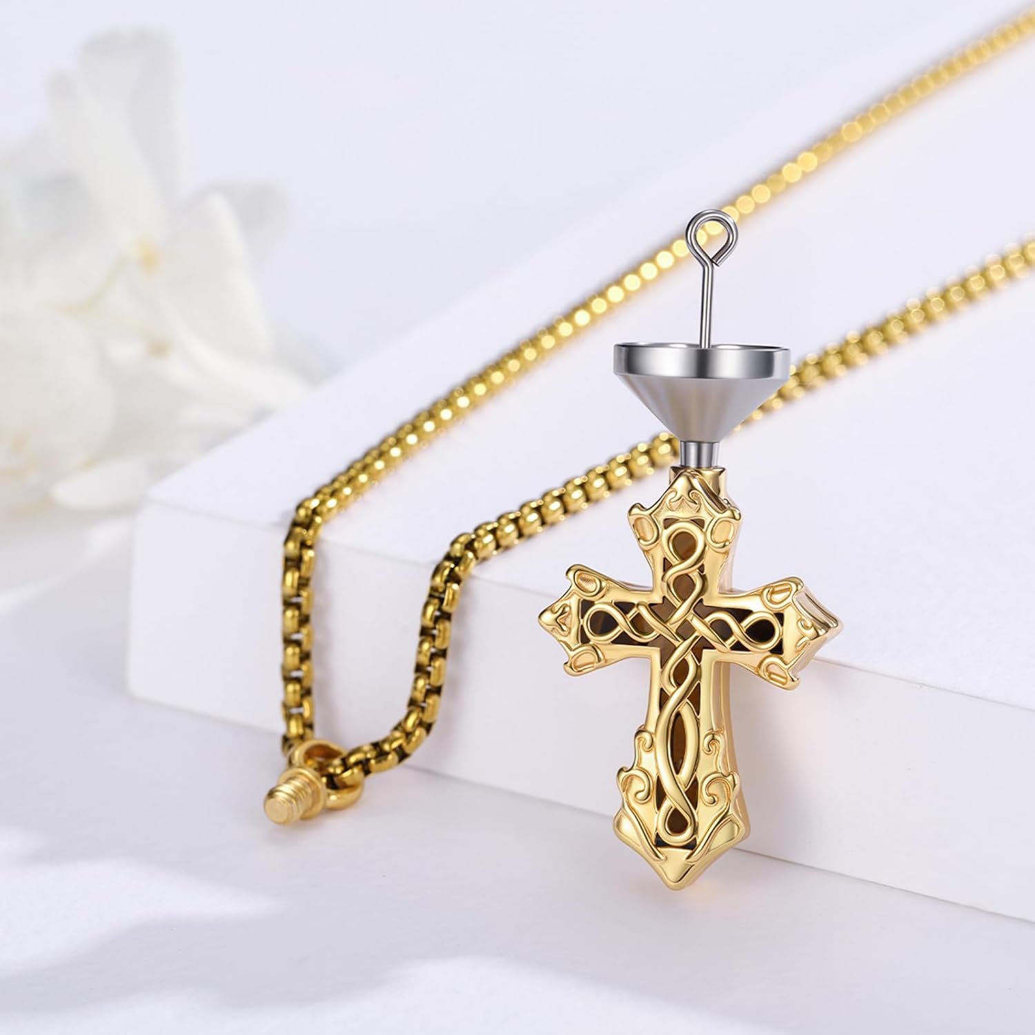 Cross Necklace/Celtic Urn Necklace for Ashes 925 Sterling Silver Cross Urn Necklaces with 22"+2" Rolo Chain | Religious Jewelry Gift
