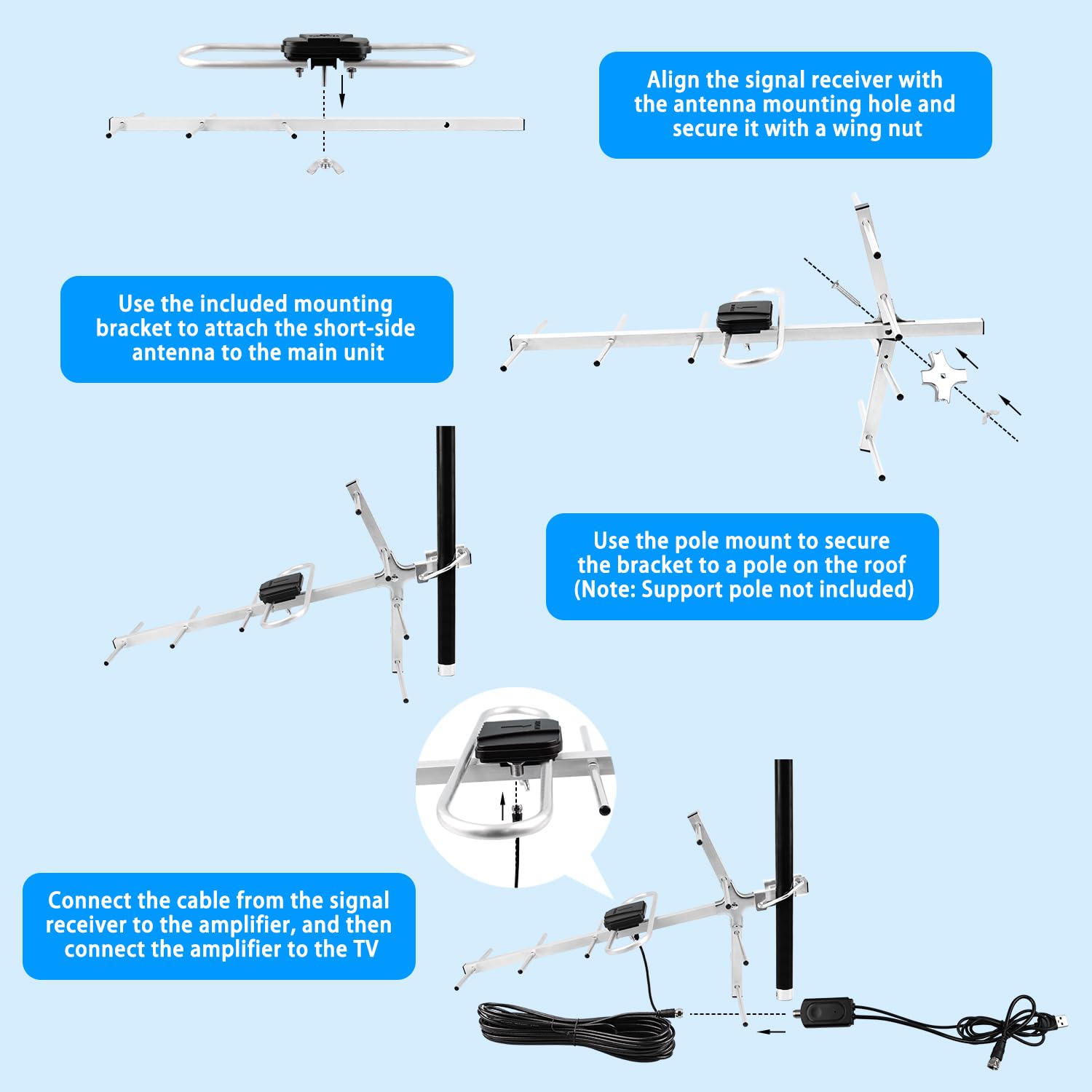 Antena digital HDTV para exteriores, antena Yagi Satellite HD TV, rotación direccional de 360 grados y largo alcance con UHF/VHF (AP037-01-US)