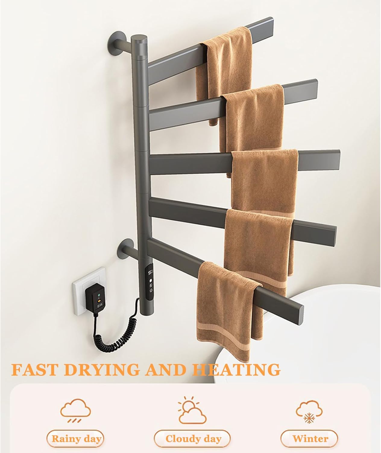 Electric Towel Warmer Rack for Bathroom, Swivel Heated Towel Heater with Timer, Touch Screen & Temperature Control, 180° Rotation, Wall Mounted, Black, 4 Bars