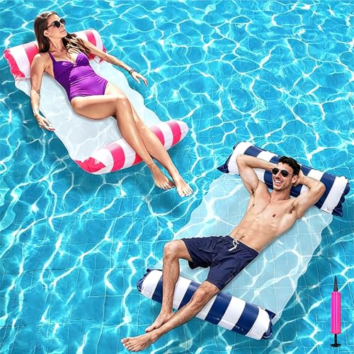 2 Piezas Colchoneta Hinchable Piscina Adultos 4 en 1, Hamaca Flotante con Red de Malla, Reposacabezas y Bomba Manual, Flotador Piscina Adulto Plegable para Piscina, Playa y Vacaciones