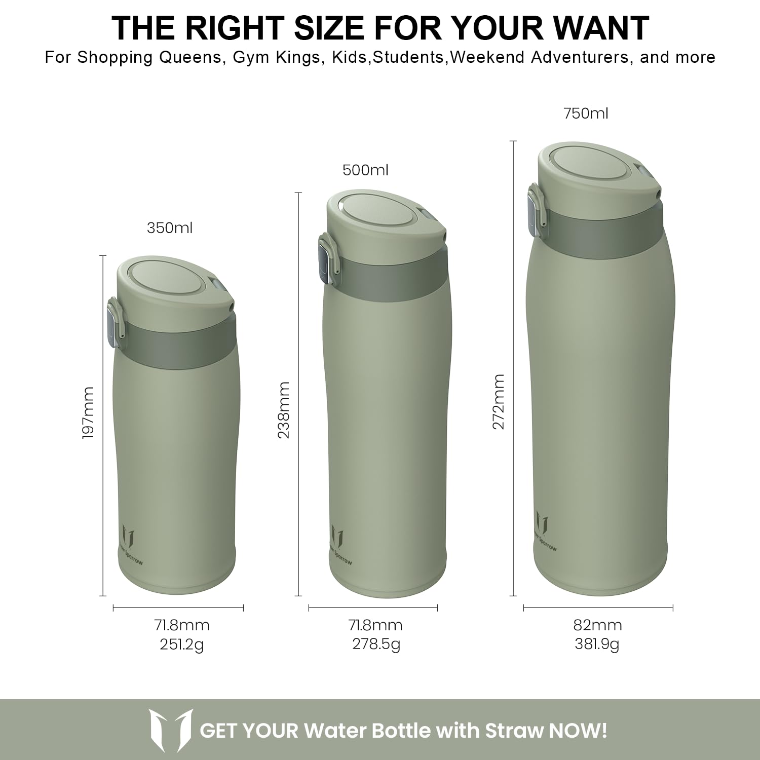 Super Sparrow Borraccia Termica Cannuccia, Borraccia in Acciaio Inox - 350ml, 500ml, 750ml, 950ml - Senza BPA Tazza Borracce Termiche, Bottiglia Termica per Bambini, Scuola, Sportiva