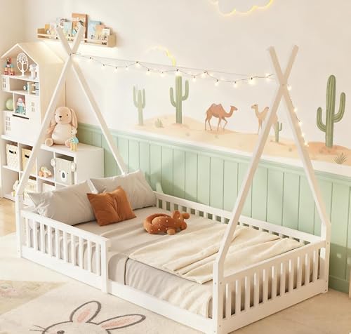Bellemave Twin Size Floor BedFrame for Kids, Wooden Montessori Floor Bed, House Bed for Kids Girls Boys, Twin Tent beds, White with Guardrail