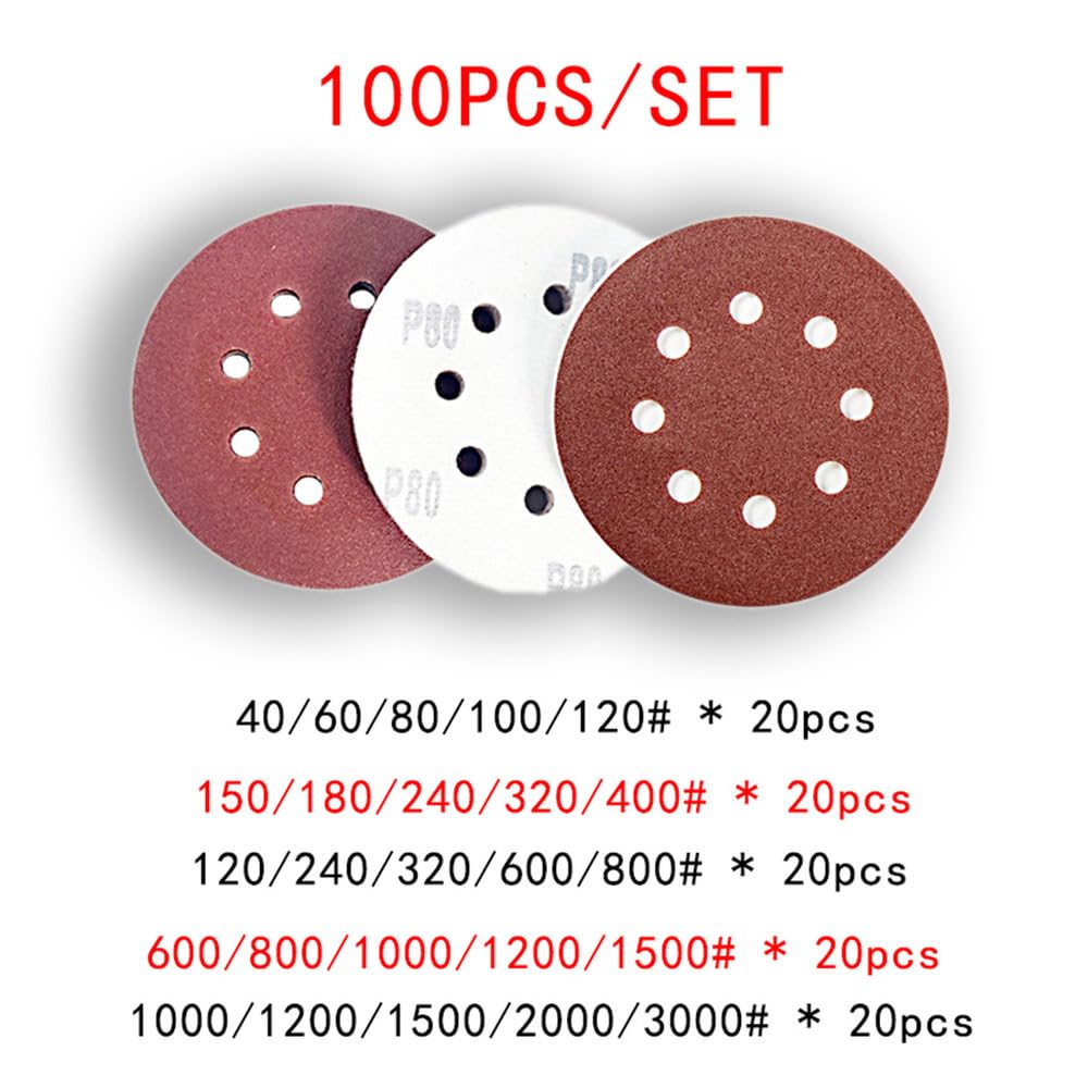 Juego de lijas de 5 Pulgadas, 8 Agujeros, 125 mm, Disco de Lijado para Metal, Herramienta de Pulido abrasiva, Discos de Lijado de Grano 40/80/120/1000/2000, Juego B, 100
