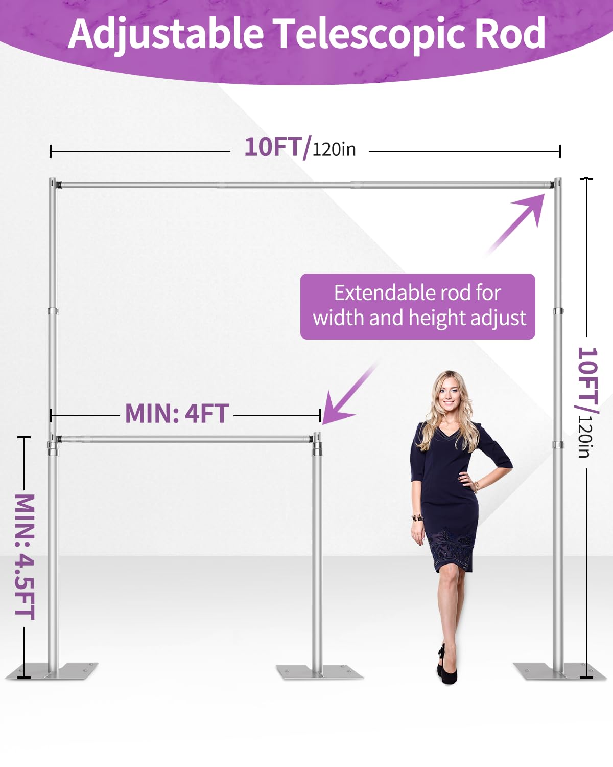 Fotoumgl 10x10 Pipe And Drape Stand Kit, Heavy Duty Backdrop Stand Adjustable, Sturdy Metal Back Drop Decoration Frame with Flat Base for Parties, Flower Wall, Wedding, Event,Trade Shows, Photo Shoot