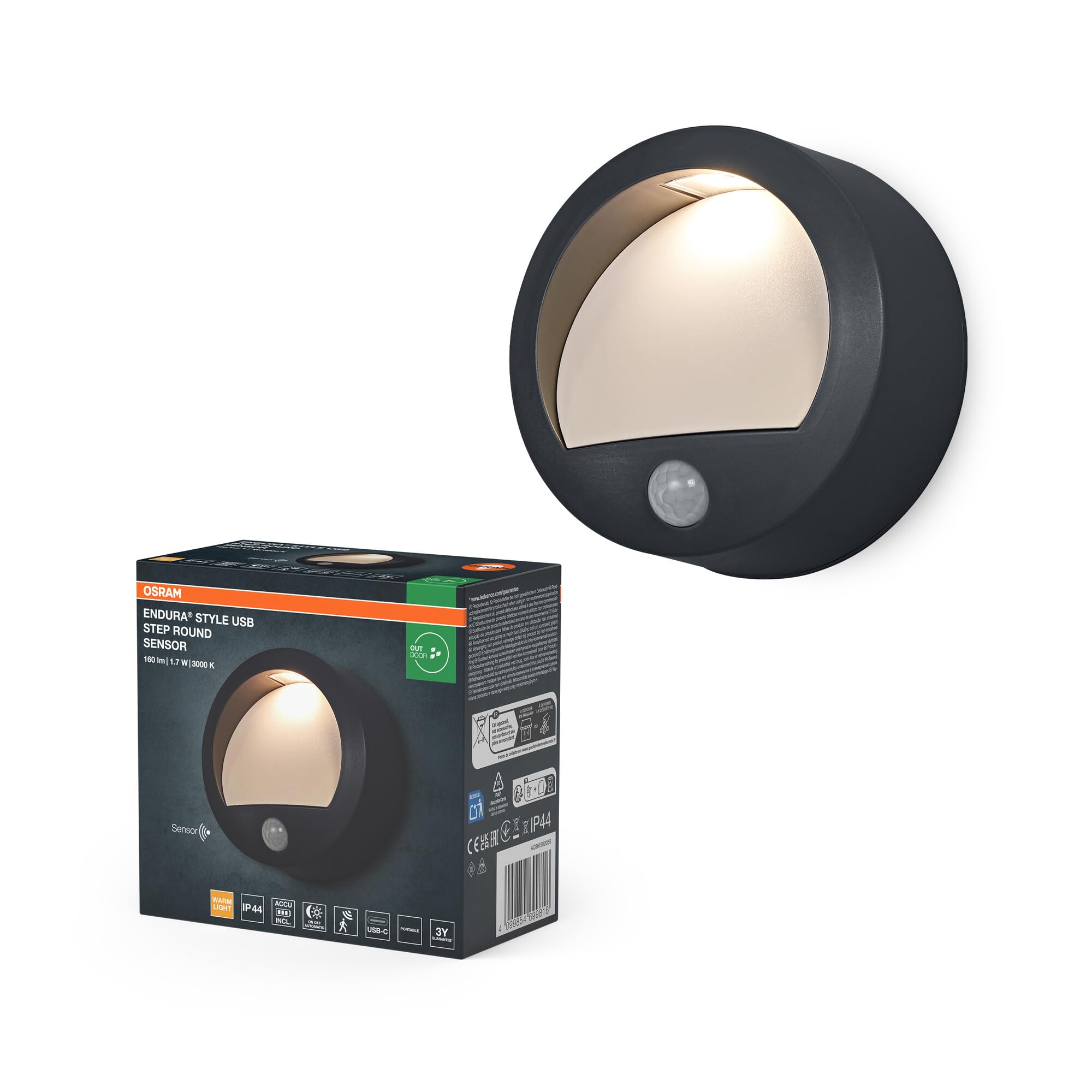 Osram Endura Style USB Wall Step Round Sensor IP44 Dark Grey