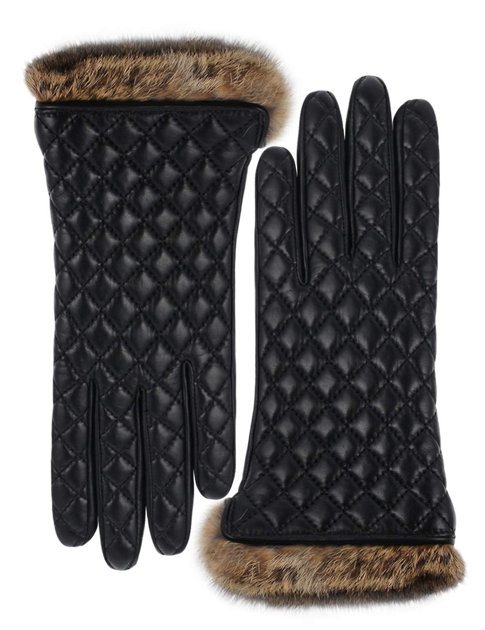 Vikideer Winter Warm Cashmere Lining Rabbit Fur Cuffs Leather Gloves for Women Touchscreen Black Large