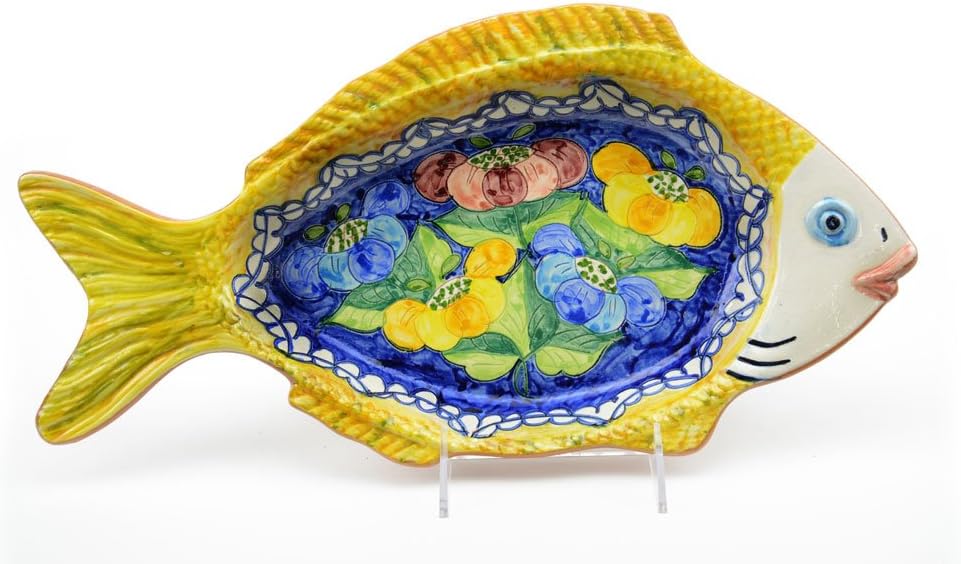 Hand-Painted Fish Serving Tray, Brilliant Yellow and Blue