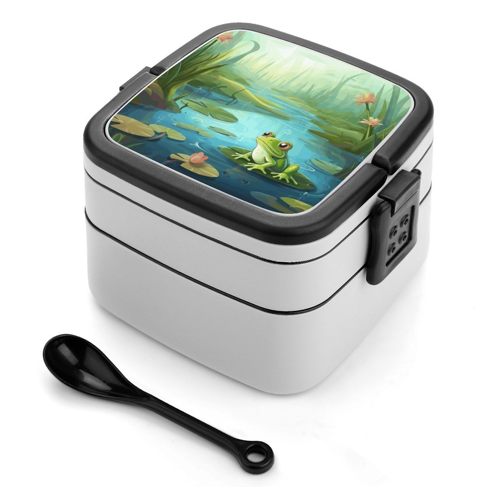 JTREHY Reusable Leakproof Bento Box,Frog in A Pond Printed 2 Layer Stackable Lunch Box with Spoon Portable Large Lunch Box for Dining Out, Work, Picnic, Travel