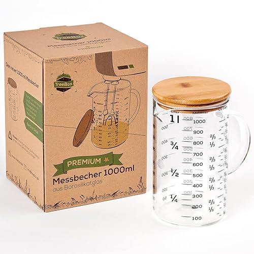 TreeBox Misurino di alta qualità, 1 L, misurino in vetro con coperchio in bambù, misurino, lavabile in lavastoviglie e adatto al microonde, diverse unità di misura perfetto per cuocere cucinare