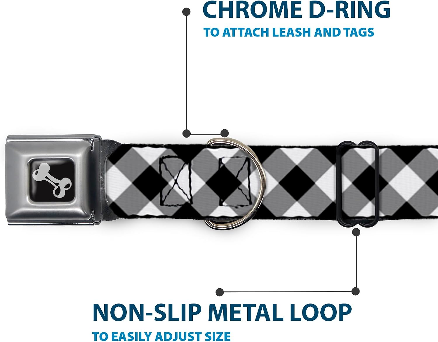 Dog Collar Seatbelt Buckle Diagonal Buffalo Plaid Black White 13 to 18 Inches 1.5 Inch Wide