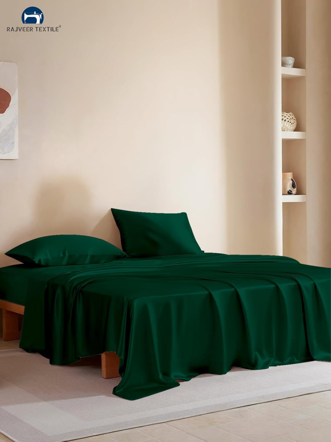 Luxury Mulberry Silk Bedding Set – 4 Pcs Luxury Silk Bedding | Ultra Soft, Breathable | 15” Deep Pocket Fitted Sheet + Flat Sheet + 2 Pillow Covers King Size, Teal Green Color