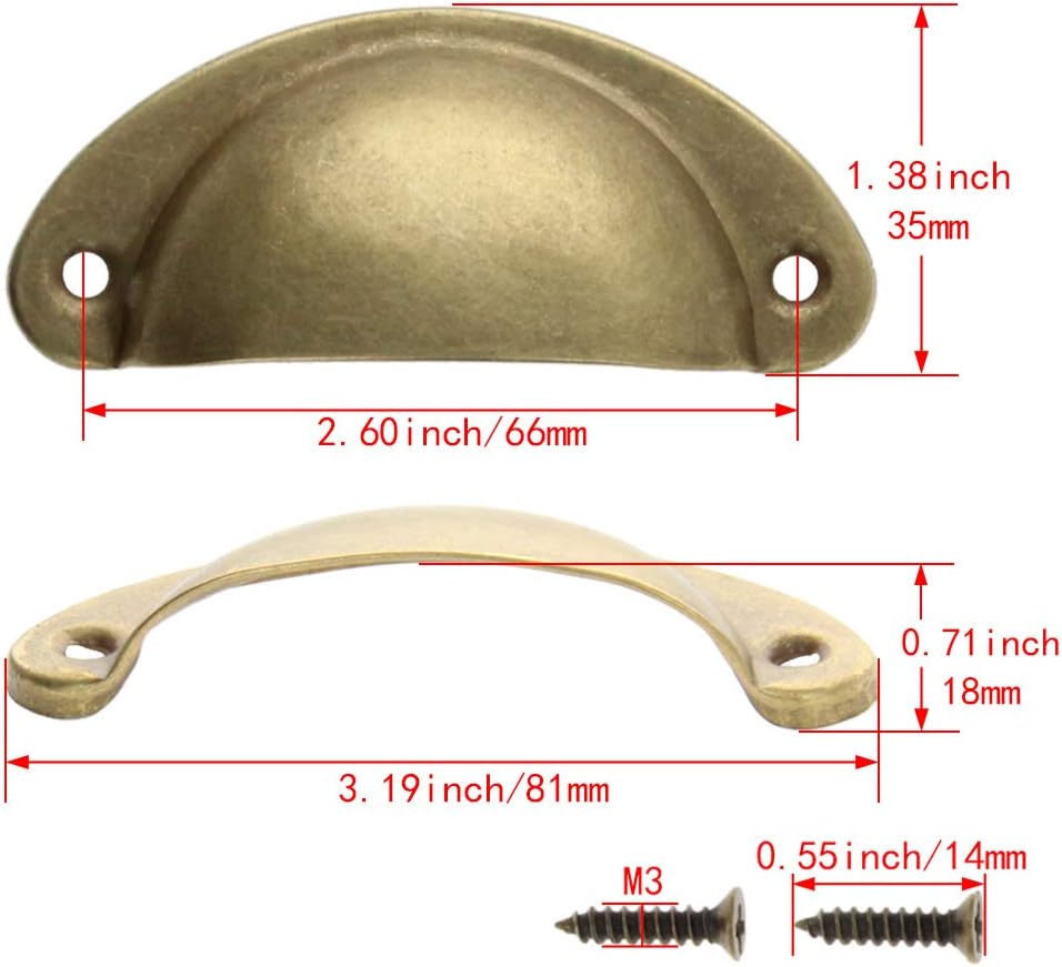 Yinpecly Retro Cup Pulls Iron Shell Pull Handles Brass Tone for Vintage Dresser Kitchen Cabinet Drawer Closet Door 3.19" Length 1.38" Width 8Pcs