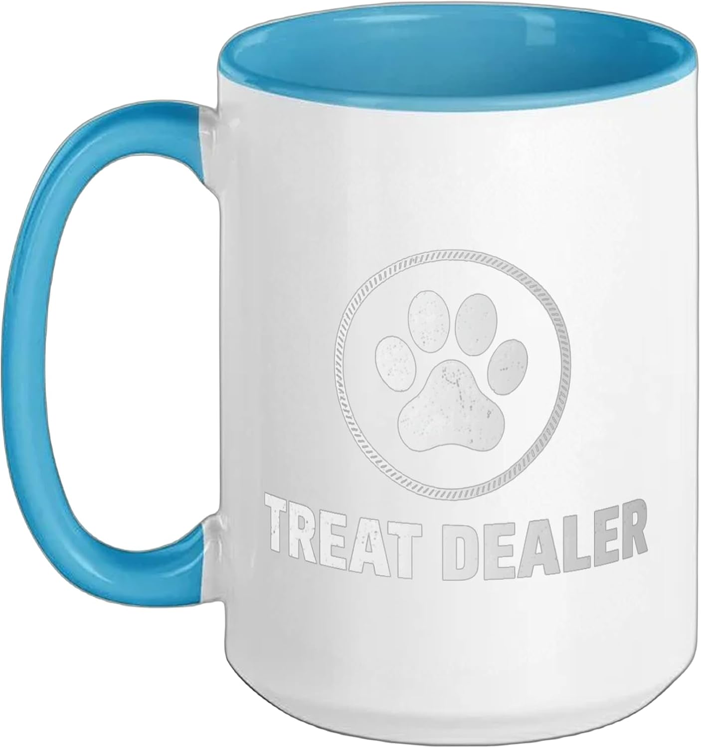 Treat Dealer | Funny Dog Lover Dog Mom Dad Ceramic Mug, Blue/White, 15oz