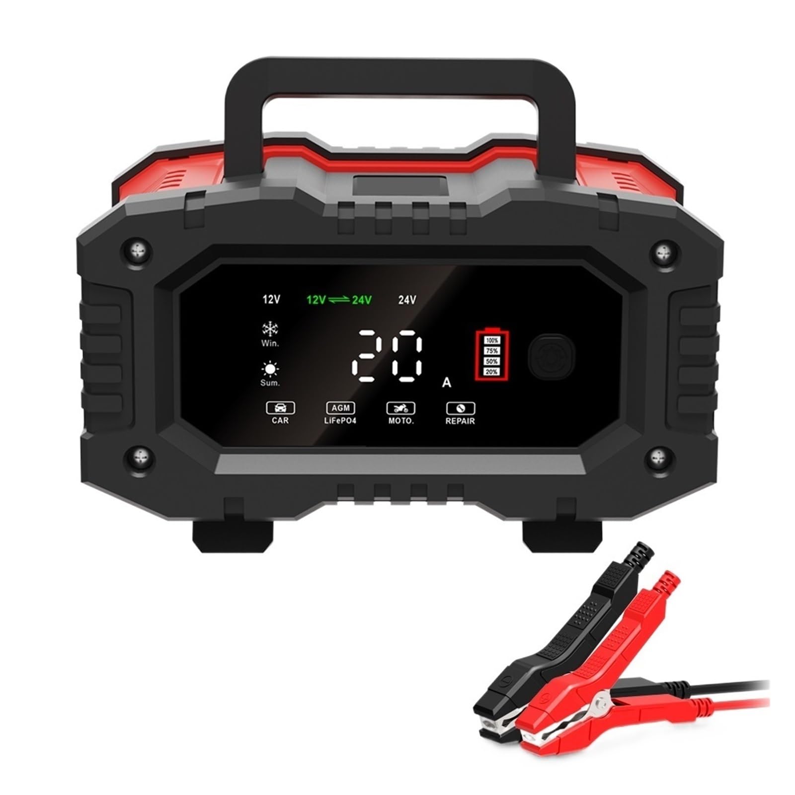 7 Segmentowa Ładowarka Samochodowa Naprawa Impulsów 300W W Pełni Automatyczna Inteligentna 20A 12V/24V Do Ładowania Kwasowo-ołowiowego Wydajne Szybkie ładowanie(Red)