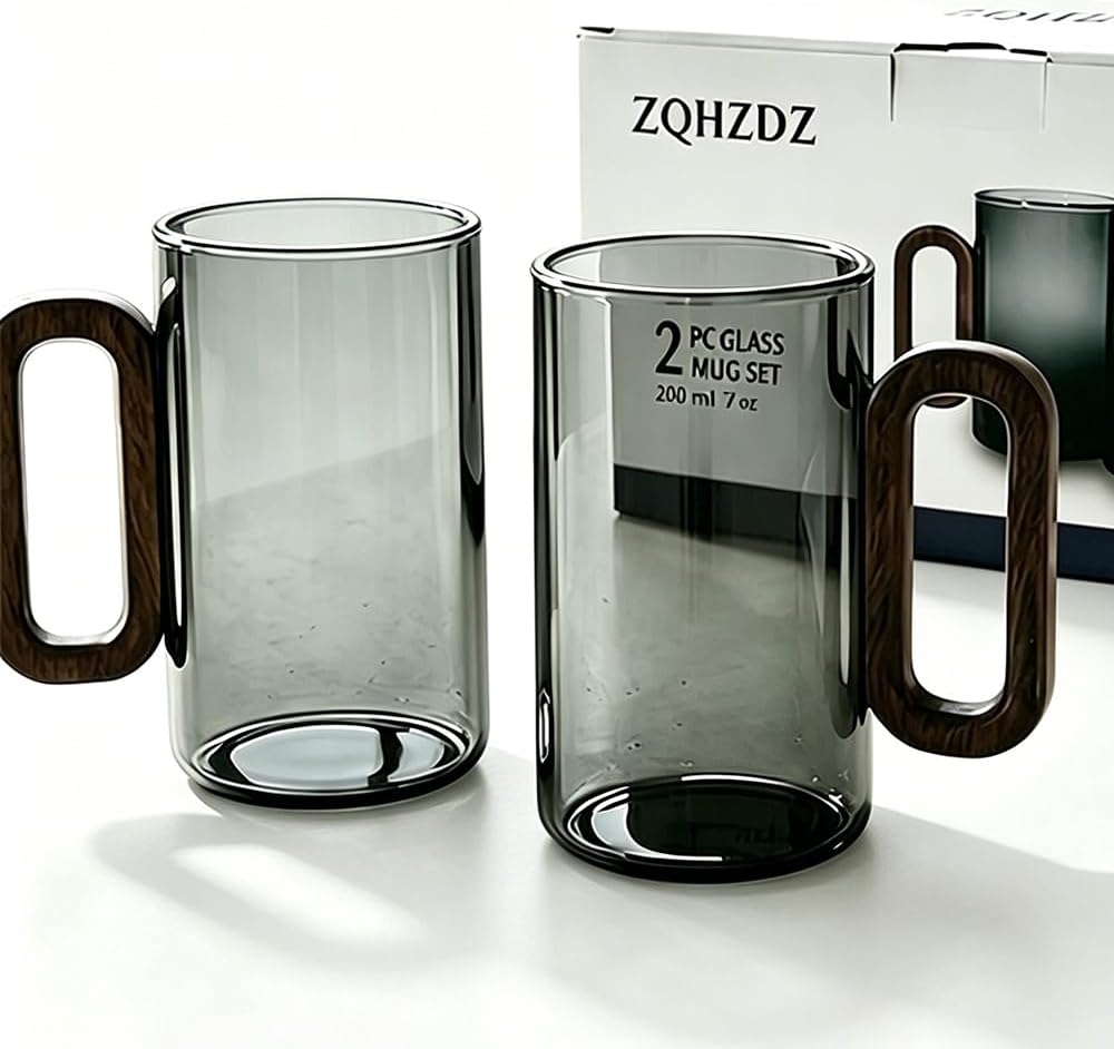 Borosilicate Glass Coffee Mug with Walnut Handle, Slate Gray, 2-Pack | 12oz (360ml), Hot & Cold Drinks, 2.76" Diameter, Dishwasher Safe, Modern Office Tea Cup