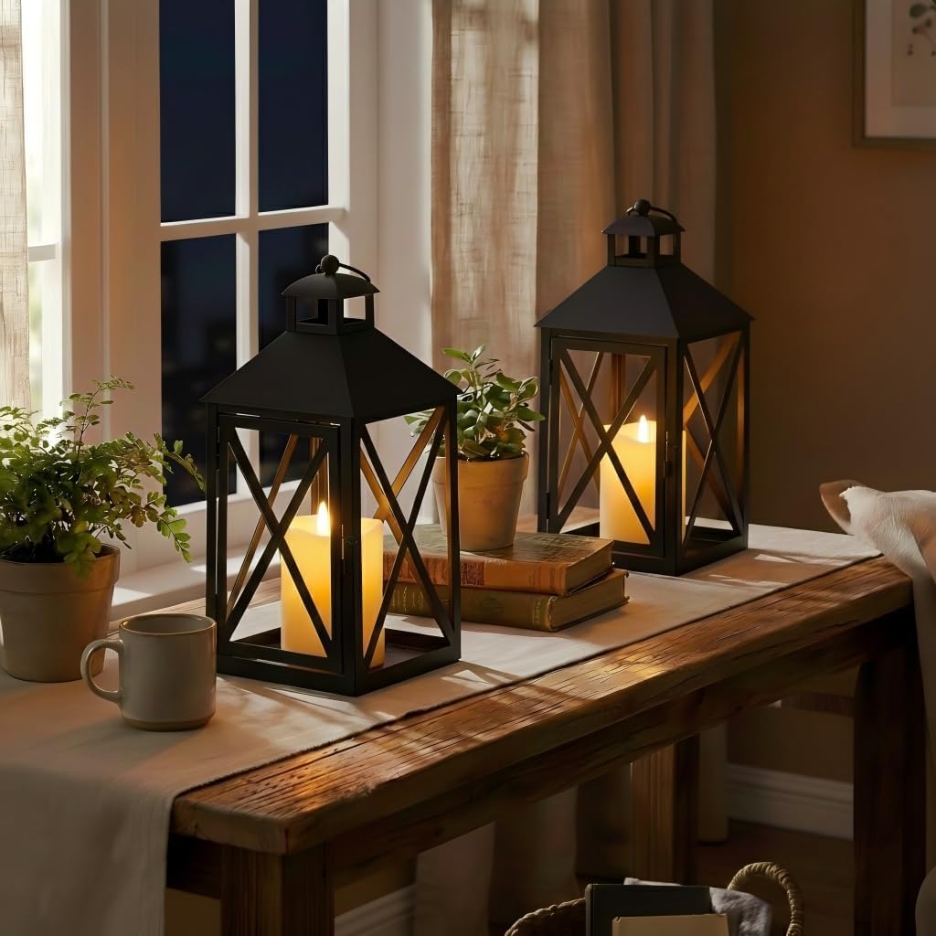 Bdor Black Lantern Decoration with LED Candle – Black Metal Lantern with Holly Berry and Pinecone Accents – Battery Operated Hanging or Tabletop Ornament for Home Decor