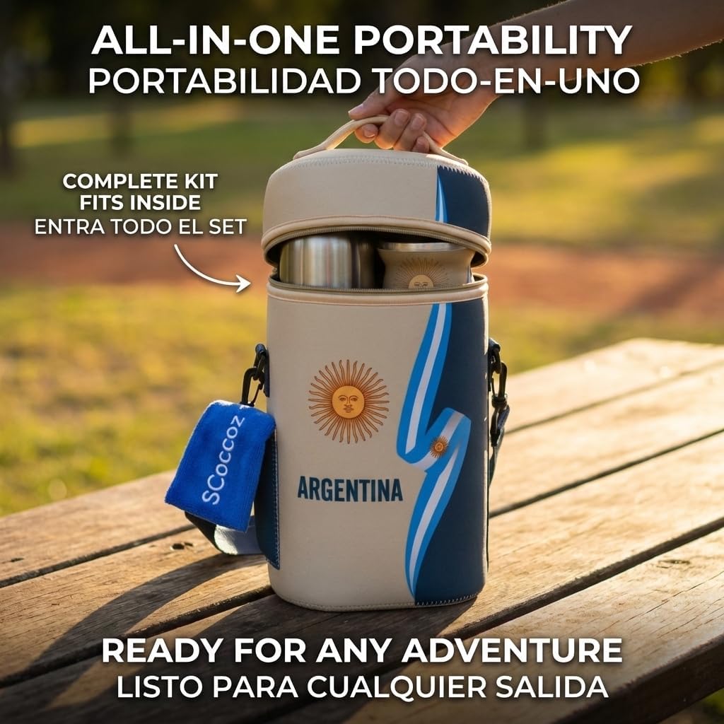 Yerba Mate Cup Set – Complete Argentine Yerba Mate Kit - 750 ml Stainless Steel Bottle, Mate Gourd, Bombilla, Neoprene Bag, Yerba Container & Gift Box (Cinta Argentina con Sol) - Image 3