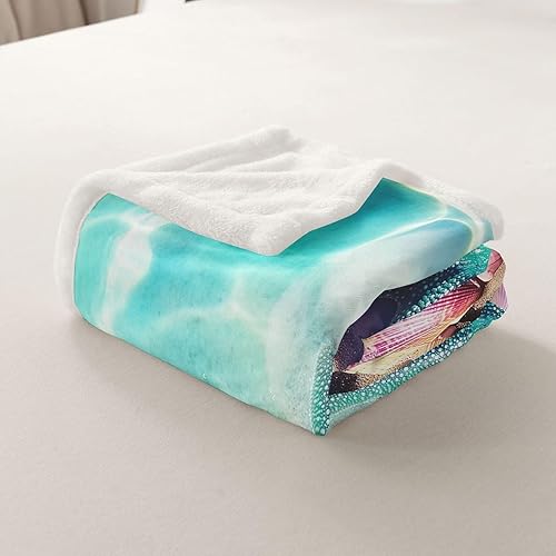 Miniatura 5 de Erosebridal Manta de forro polar con diseño de concha de estrella de mar, color verde azulado, manta de sherpa costera tranquila para niños y niñas,