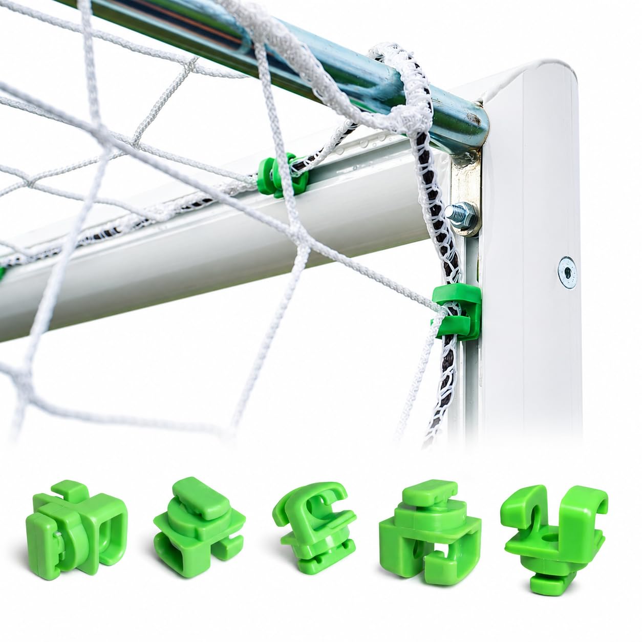 Ganci in Nylon per Reti Porte da Calcio e Calcetto in Alluminio, Ganci Reggirete a Innesto per Fissaggio Rete, Accessori per Porte Calcio, Colore Verde, Materiale Nylon