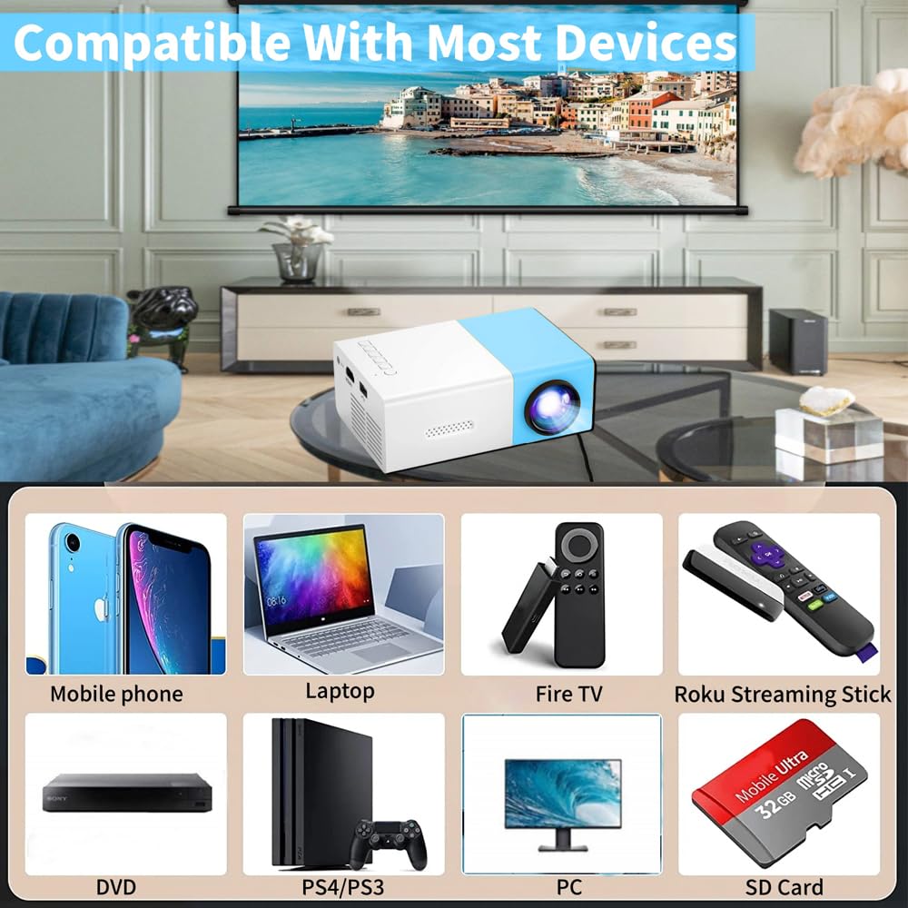 Mini Projecteur, Mini Projecteur Portable 1080P Full HD Supporté, Videoprojecteur avec Télécommande, Compatible avec HDMI/Audio/Smartphone/Tablette/PC/TV Stick/USB/AV (Bleu)