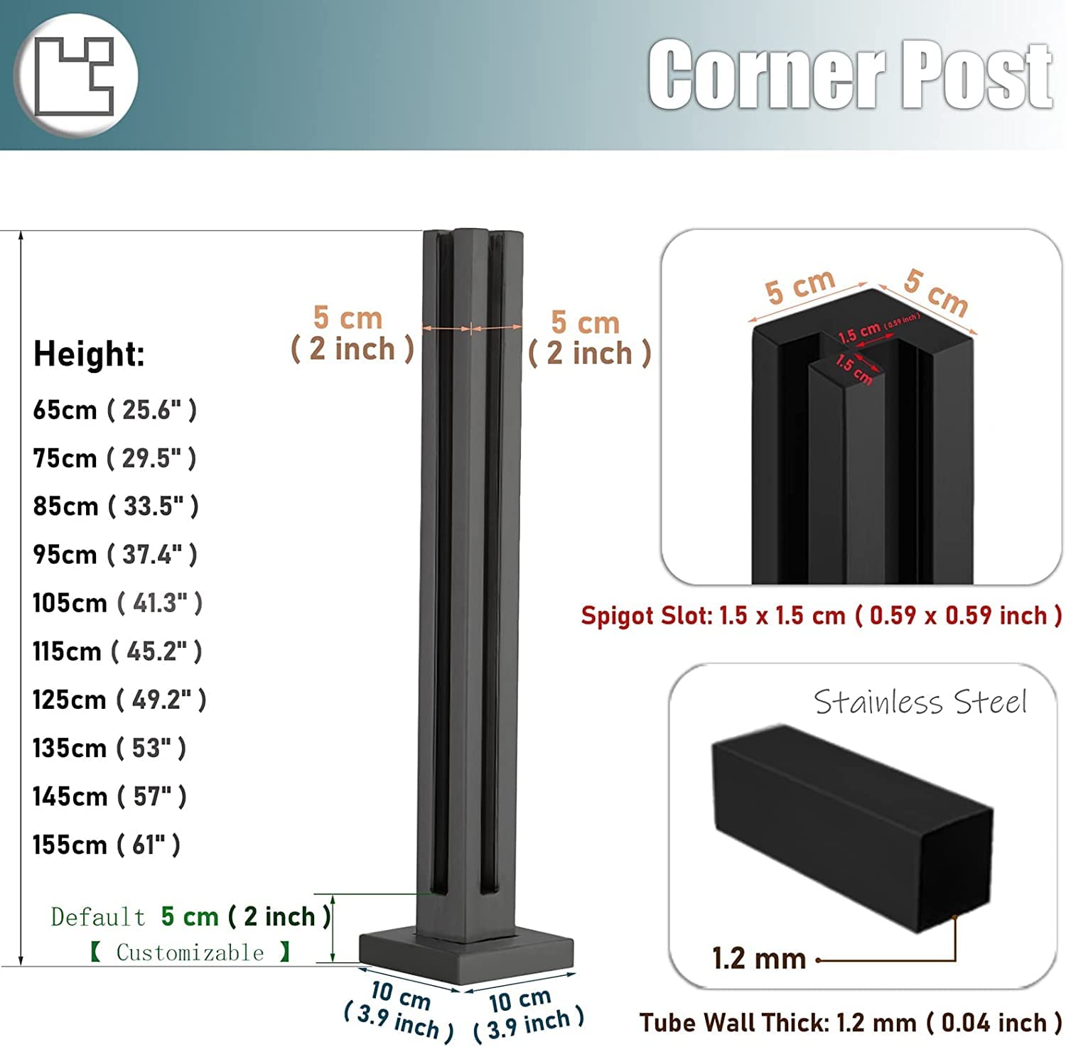 Deck Railing Post System, Glass Fence Post with Spigot Slot, Black Square Panel Guardrail Pole for Porch Balcony Deck Garden, Balustrade Railing Column ( Color : Corner Post , Size : 105cm/41.3inch )