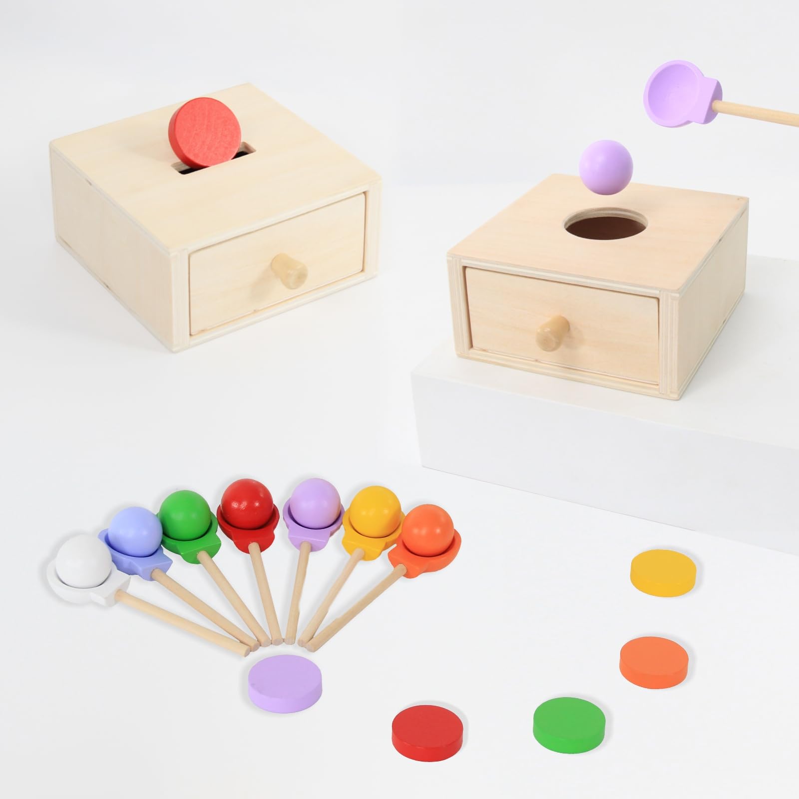 XOSECA 2-in-1 Montessori Toys Including Object Permanence Box with Seven Balls and Montessori Coin Box Color Shape Sorting,Montessori Toys for Babies 6-12 Months 1 2 Years Old