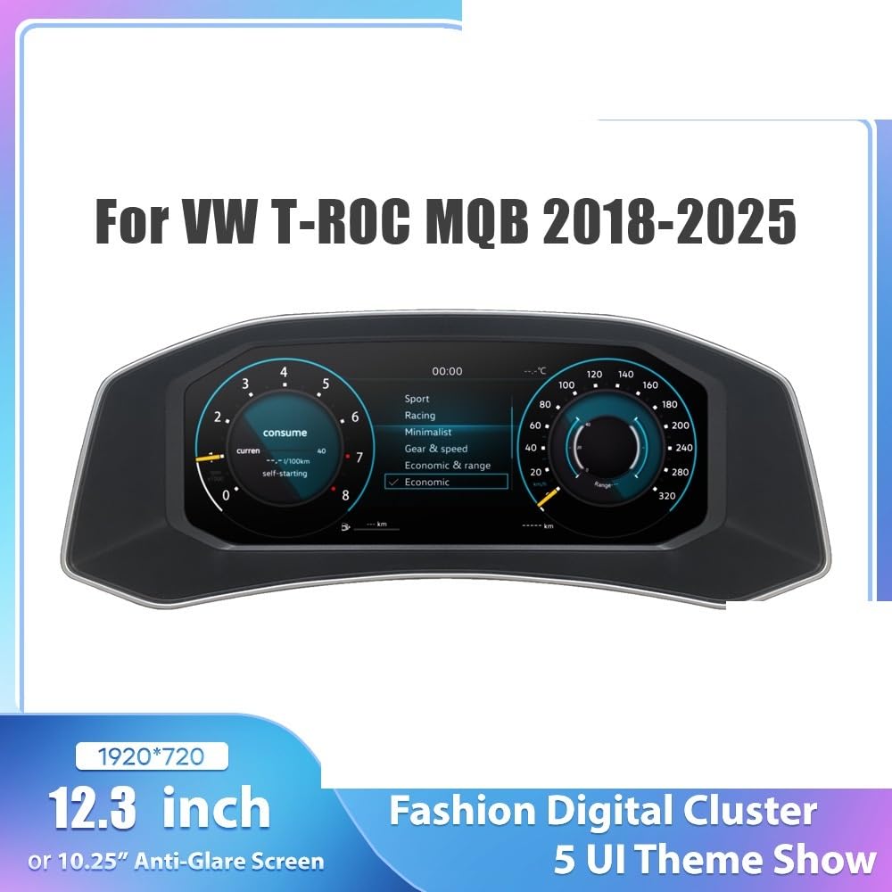 12,3-calowy cyfrowy panel LCD z zestawem wskaźników pasujący do VW T-ROC 2018-2025, wirtualny panel wskaźników MQB tachometr Cyfrowy miernik