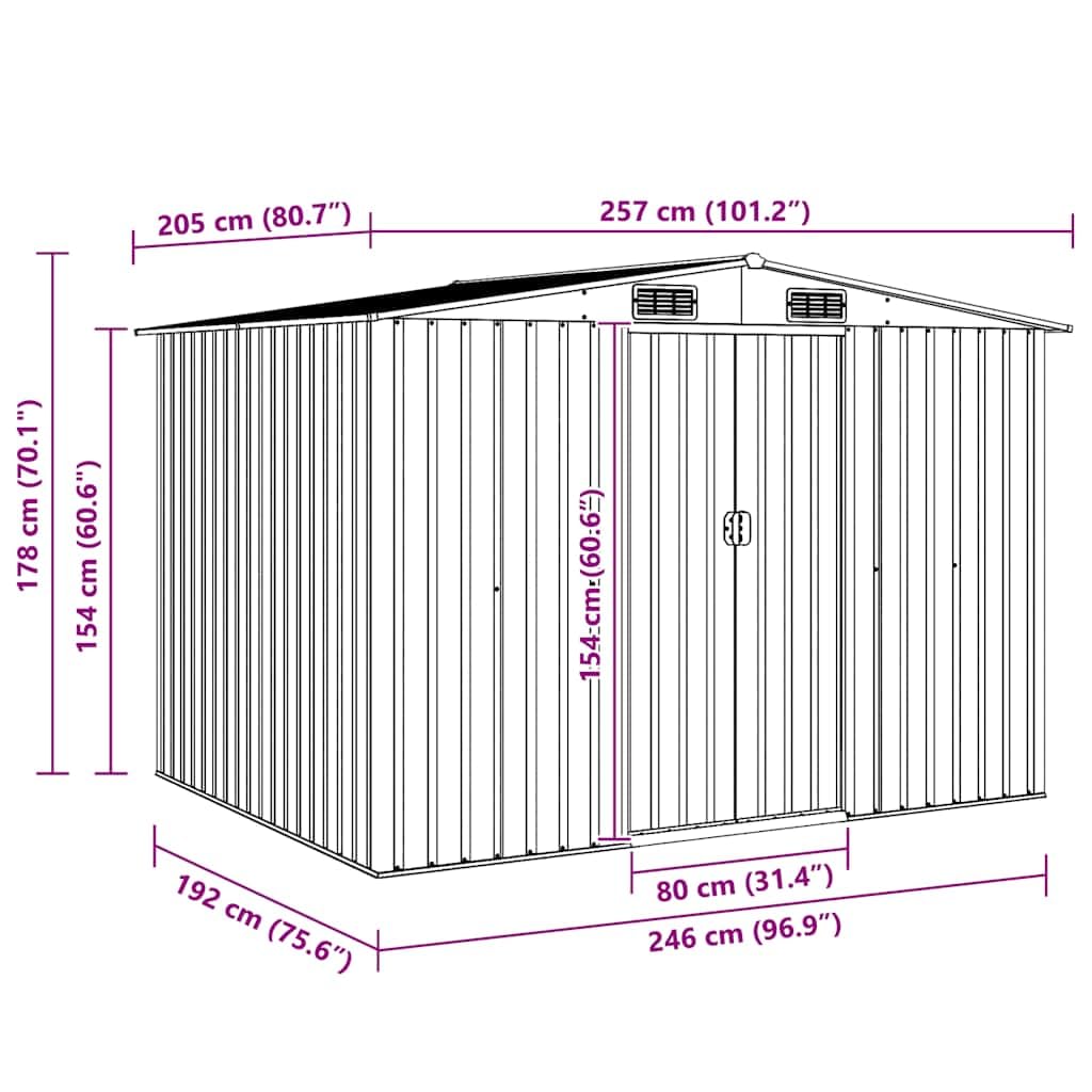 Casetta porta attrezzi marrone in acciaio zincato 257 x 205 x 178 cm con doppie porte scorrevoli e 4 prese d'aria per attrezzi da giardino, tosaerba, bicicletta e bidoni della spazzatura da