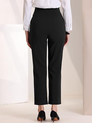 Miniatura 4 de Allegra K Pantalones de negocios elegantes para mujer, cintura elástica, botones decorativos, pierna recta, pantalones de trabajo