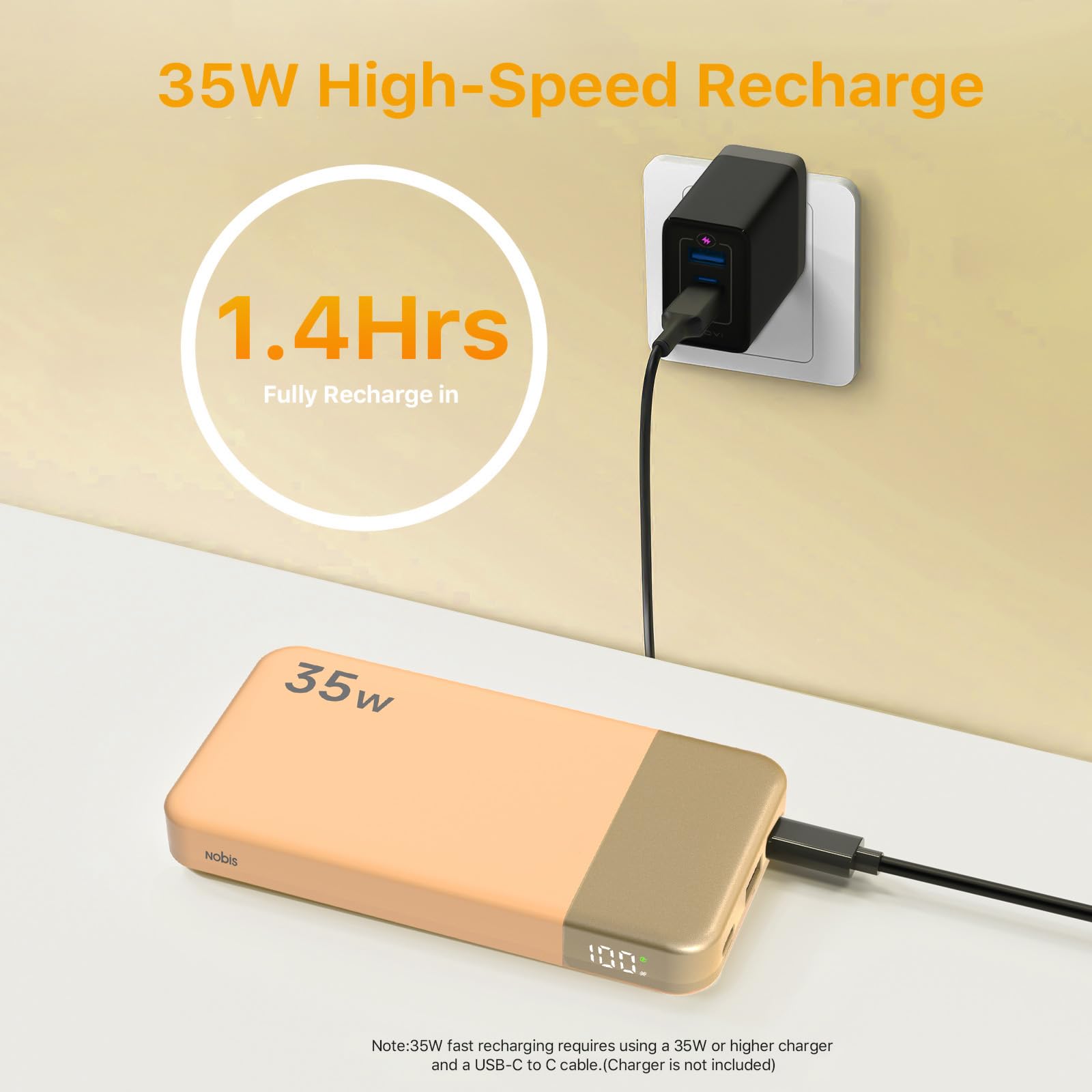 Cargador portátil NOBIS, Power Bank de 10000mAh con Carga rápida, Banco de batería con Cable C a C, Banco de batería con Pantalla Digital para Phone, Pad, Android, etc. (Naranja, 35W)