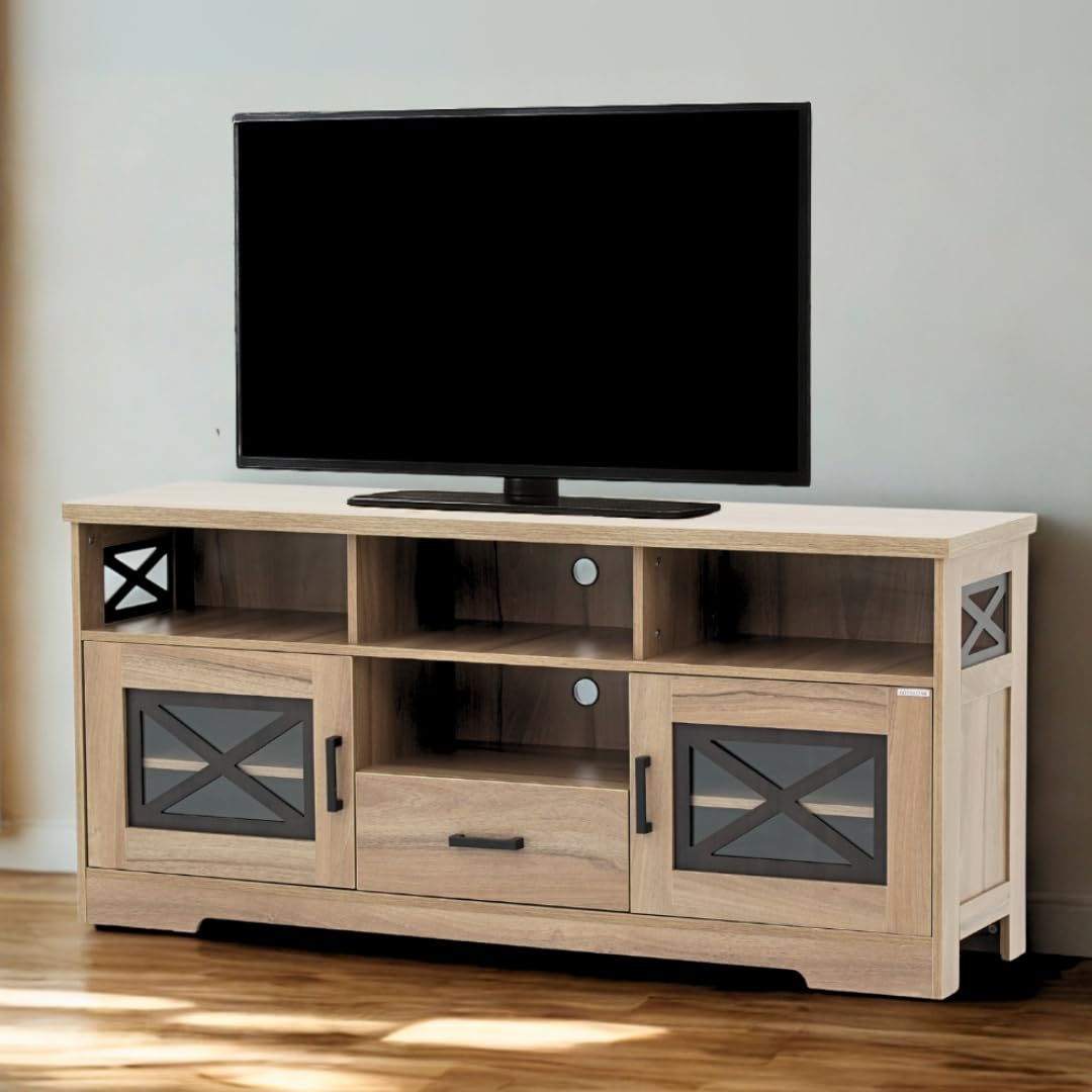 Royaloak Miami American LCD Stand | Wooden TV Cabinet with Melamine Finish | Glass Panel Doors with X-Design | TV Unit for Living Room with Drawer Storage | Elevated Viewing with Telescopic Channels-image-33