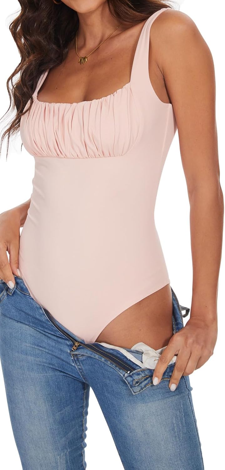 BEJONS Women's Sexy Square Neck Ruched Bodysuit Sleeveless Double Lined Tank Tops