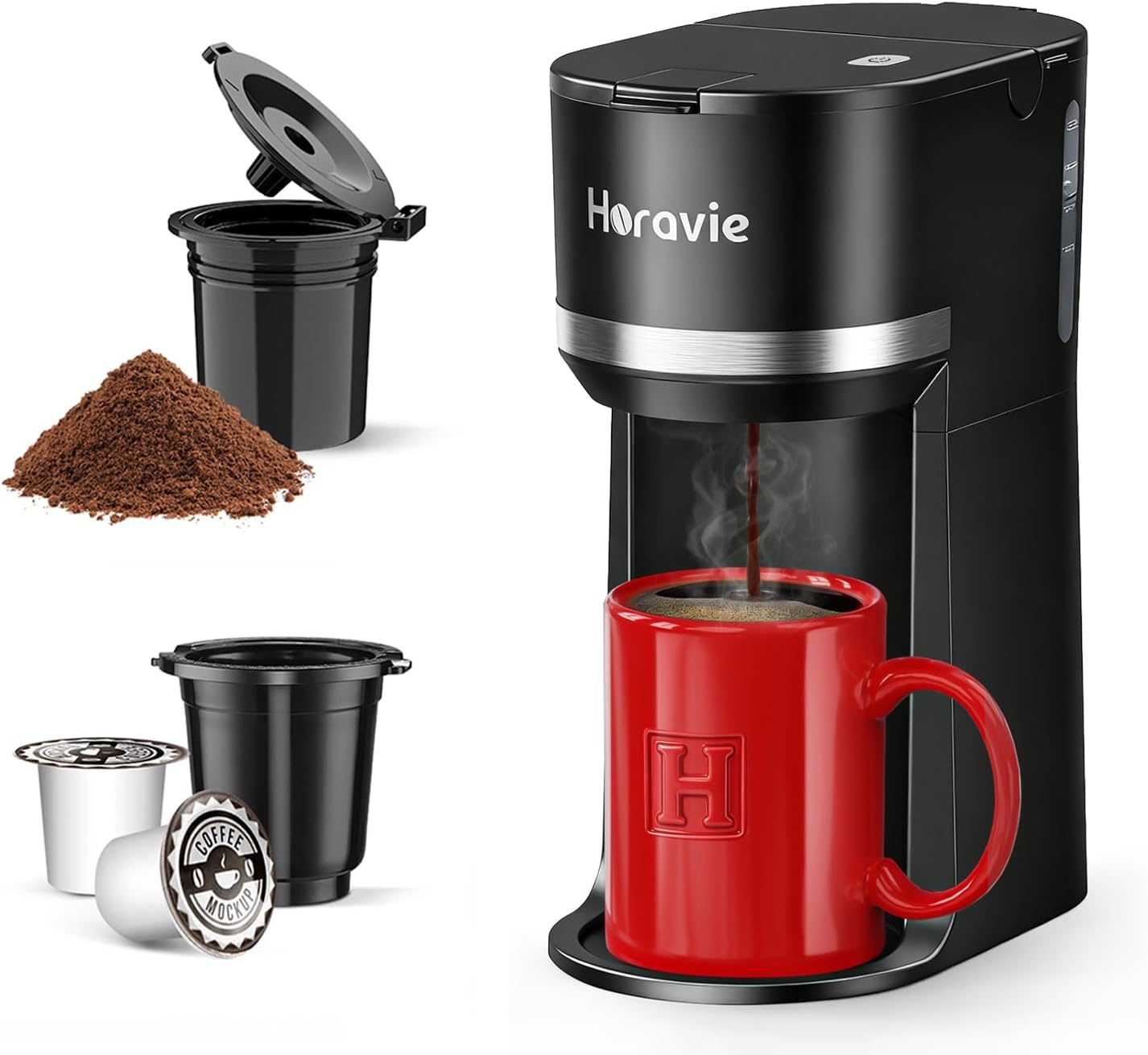 Mini Single Serve Coffee Maker for K Cup and Ground Coffee, Fast Beer Single Cup Coffee Machine with Descaling Reminder and Water Window, 6-12 Ounces, Sizes