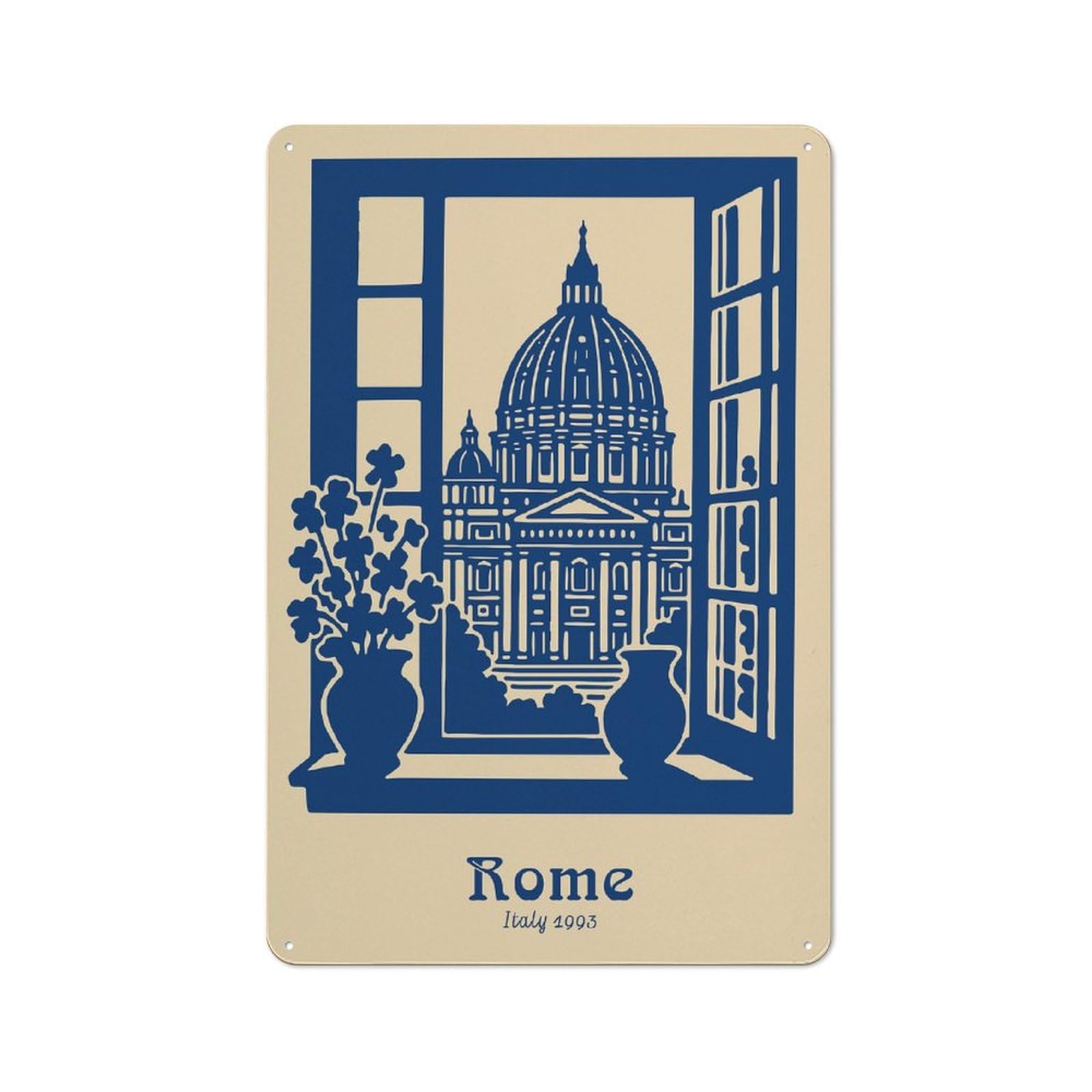 Junmoney Style-18 Retro-Style Tin Sign 30X20cm Featuring Rome Cityscape Viewed From A Window For Hallway Wall, For Garage, Workshop And Man Cave Decoration