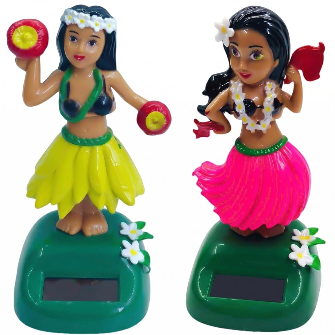 Wilafury 2Pcs Figure Doll Dashboard, Hawaiian Girl Shaking Bobblehead Dashboard Decoration, Solar-Powered Dashboards Accessories, 6x6.5x11.5cm, Rose & Yellow
