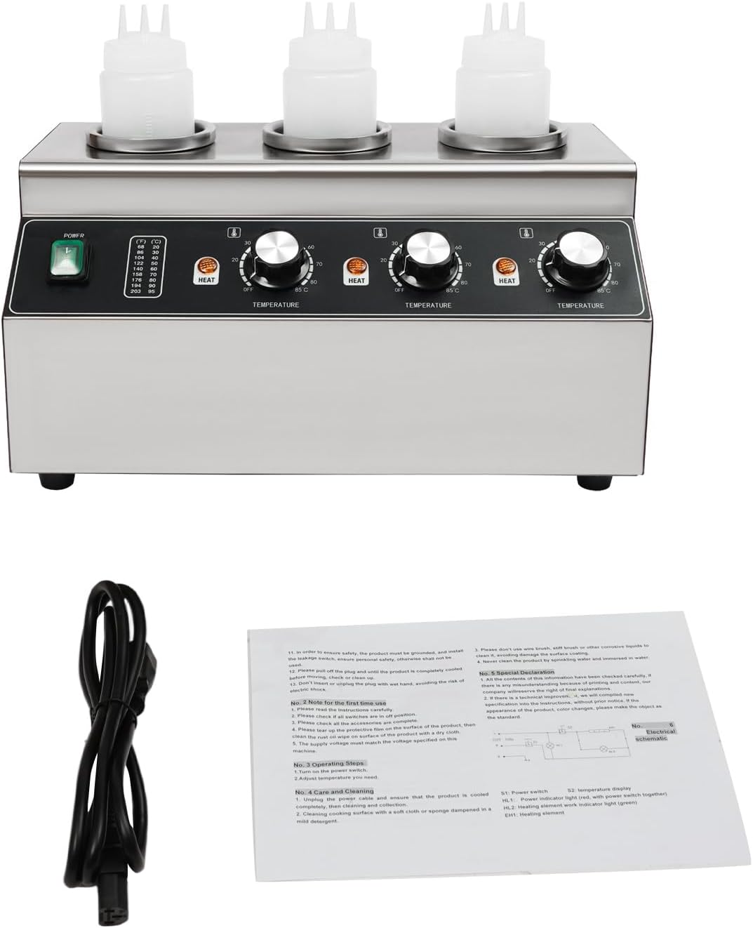 Electric Sauce Warmer Dispenser, 240W Hot Fudge Nacho Cheese Ketchup Chocolate Warmer, Stainless Steel Sauce Heat Preservation Machine with 680ml Squeeze Bottle*3, 86-185℉ Adjustable Temperature