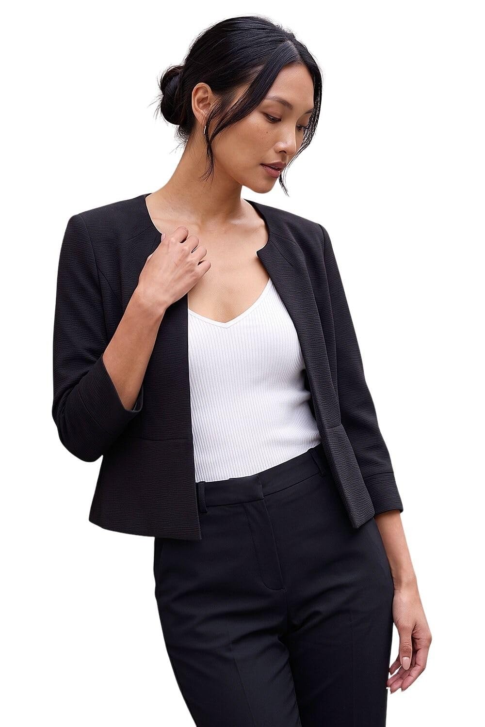 Roman Women's Black Cropped Bolero Tailored Jaquard Jacket Wedding Shrug Fitted Blazer In | Size: 12