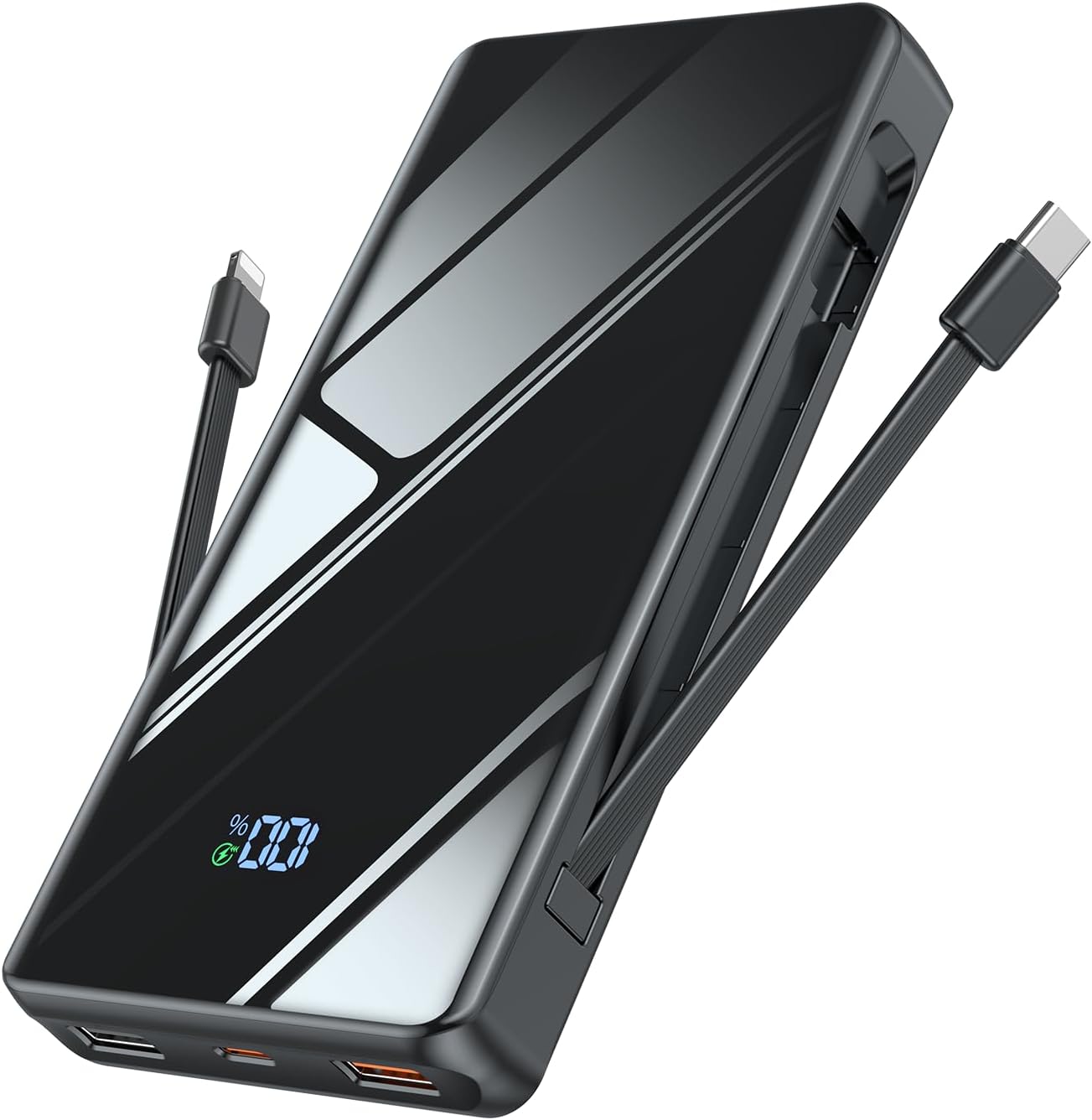 Debopo Powerbank 20000 mAh, Portable Charger with 3 Ports and 2 Integrated Cables, External Mobile Phone Batteries, Power Bank, USB C, 20 W, SCP, 22.5 W, Portable Quick Charge Function (Black)