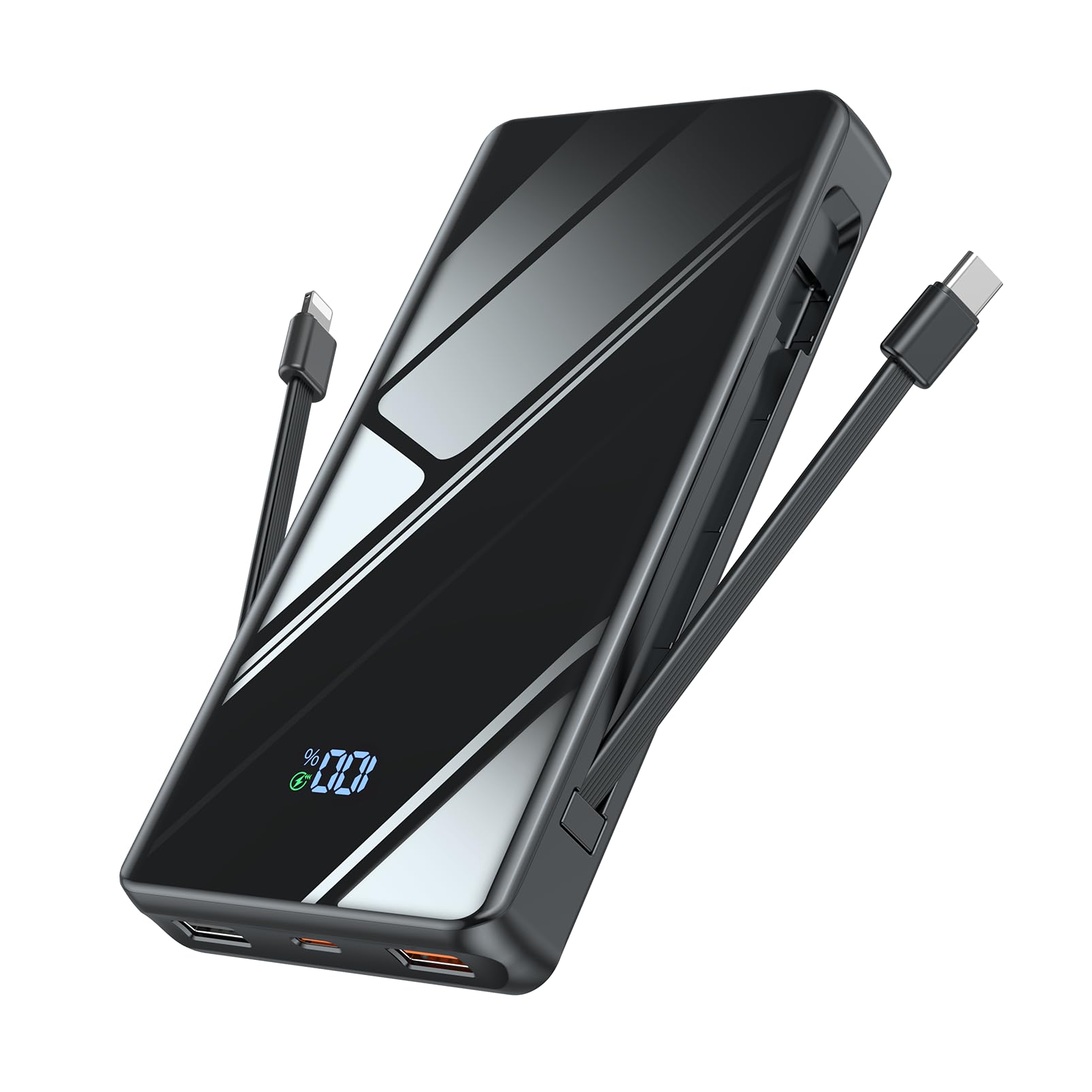 Powerbank 20000 mAh, caricatore portatile con 3 porte e 2 cavi integrati, batteria esterna per cellulare, USB C 20 W, SCP 22,5 W, funzione di ricarica rapida portatile (nero)