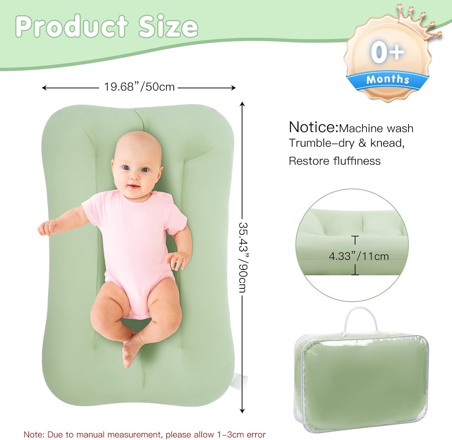 Lucakuins Baby Lounger for Newborn, 0-24 Months, Bionic Design Infant Lounger for Home and Travel, Soft Organic Cotton, Newborn Babies Essentials Gifts (Pure Green Baby Lounger)